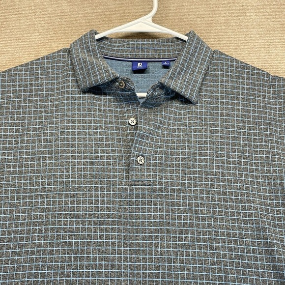 FootJoy FJ 1857 Polo Shirt Mens Large Gray Blue Check S/S Cotton Coolmax Stretch - Picture 2 of 8